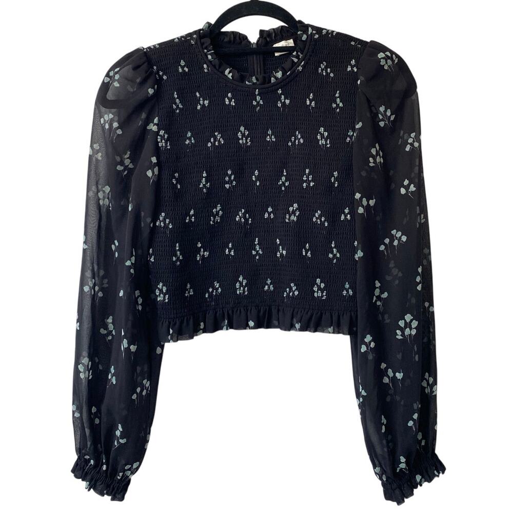 Aritzia Wilfred Tempest Black Leaf Smocked Sheer Blouse Size S